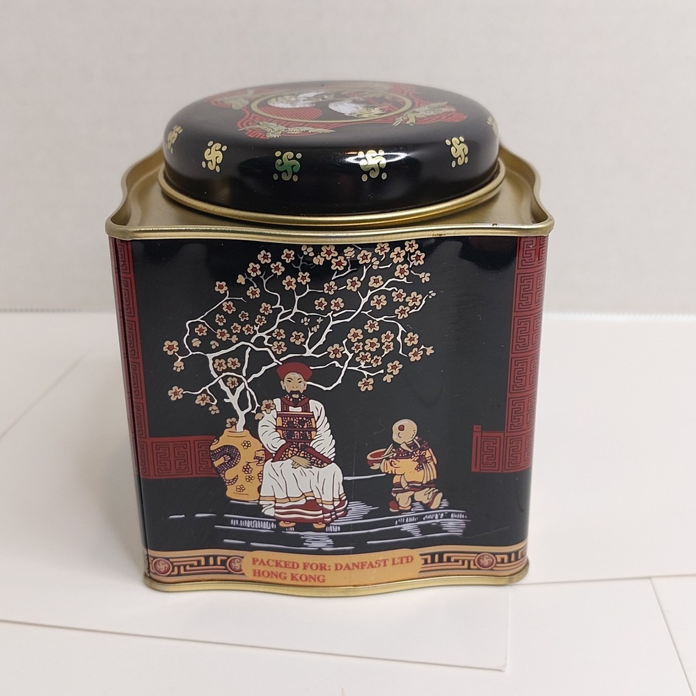 Vintage Asian Themed Tea Tin Black Metal Decorative Storage Container 4"